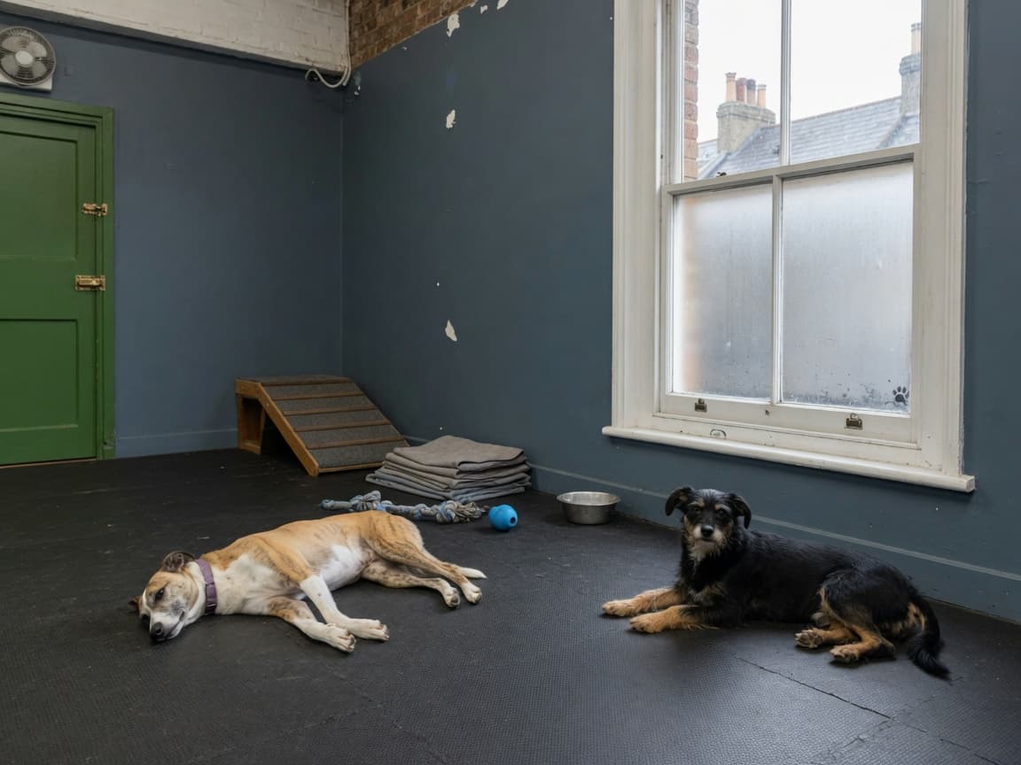 Two dogs resting in a daycare play room