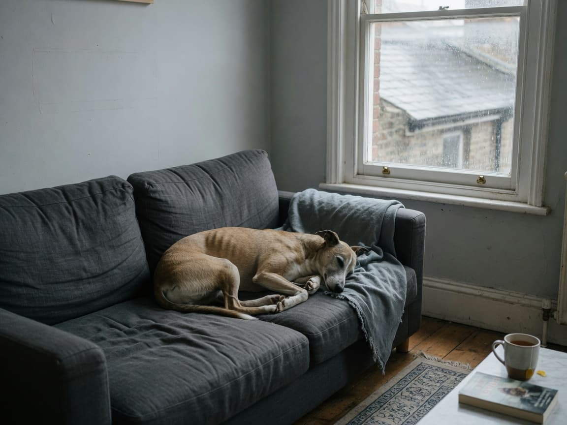 A lurcher asleep on a sofa by a rainy sash window