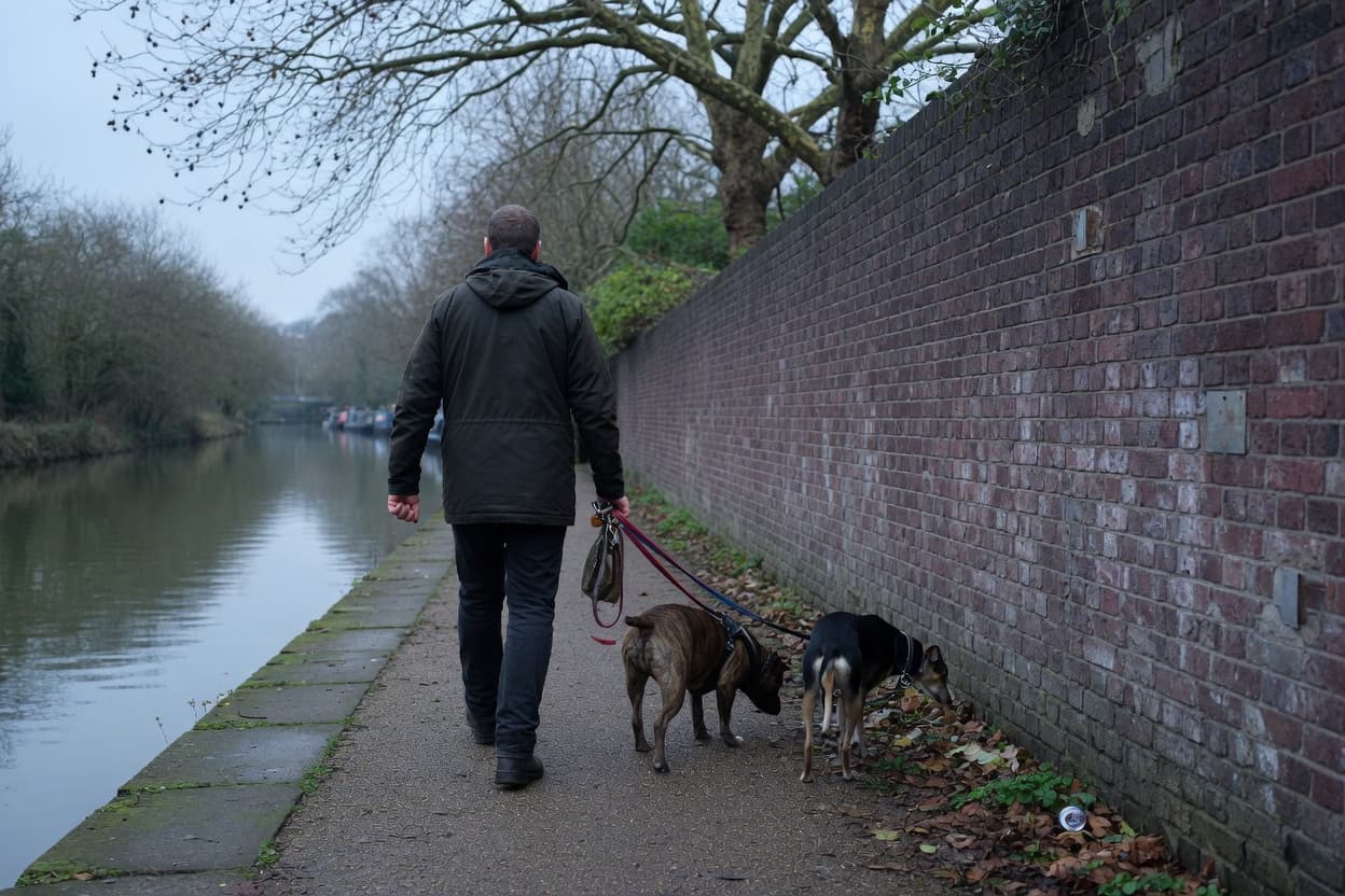 Walker with two dogs on a canal towpath